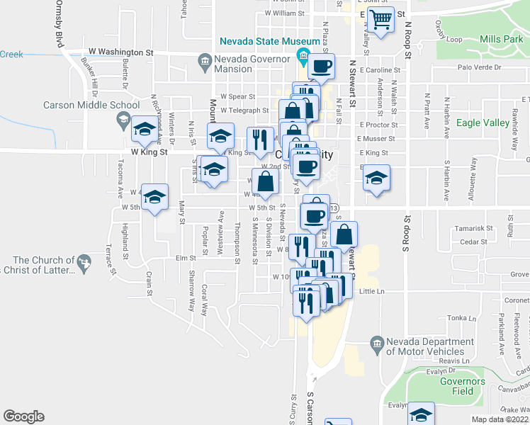 map of restaurants, bars, coffee shops, grocery stores, and more near 403 West 5th Street in Carson City