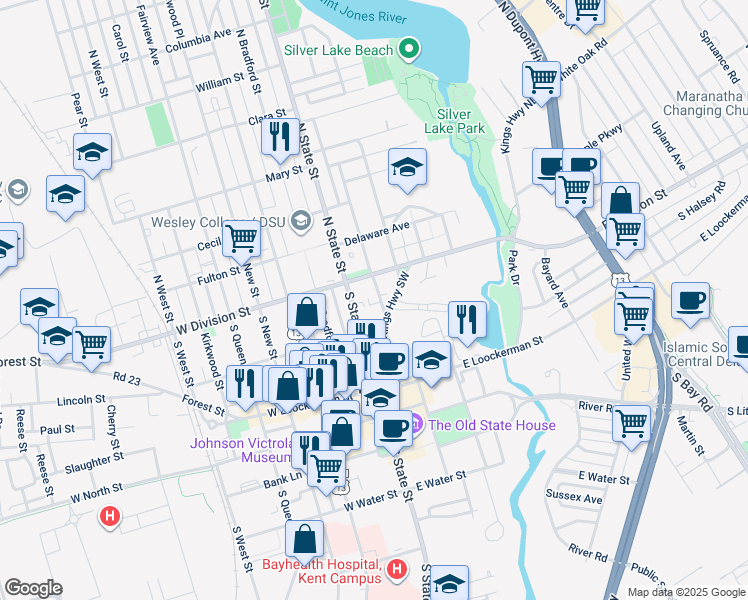 map of restaurants, bars, coffee shops, grocery stores, and more near 45 South State Street in Dover