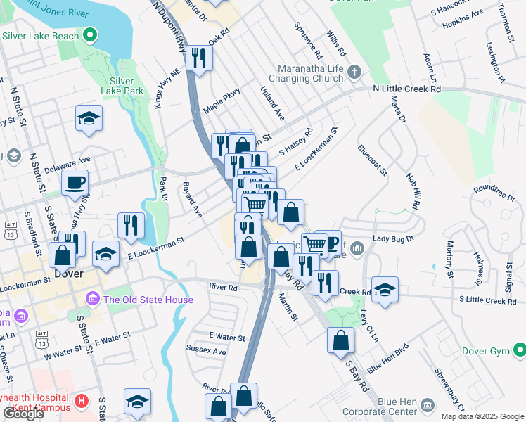 map of restaurants, bars, coffee shops, grocery stores, and more near 236 South Dupont Highway in Dover