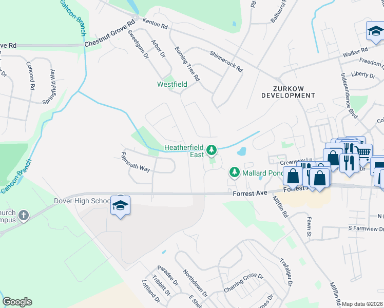 map of restaurants, bars, coffee shops, grocery stores, and more near 106 Matthew Court in Dover