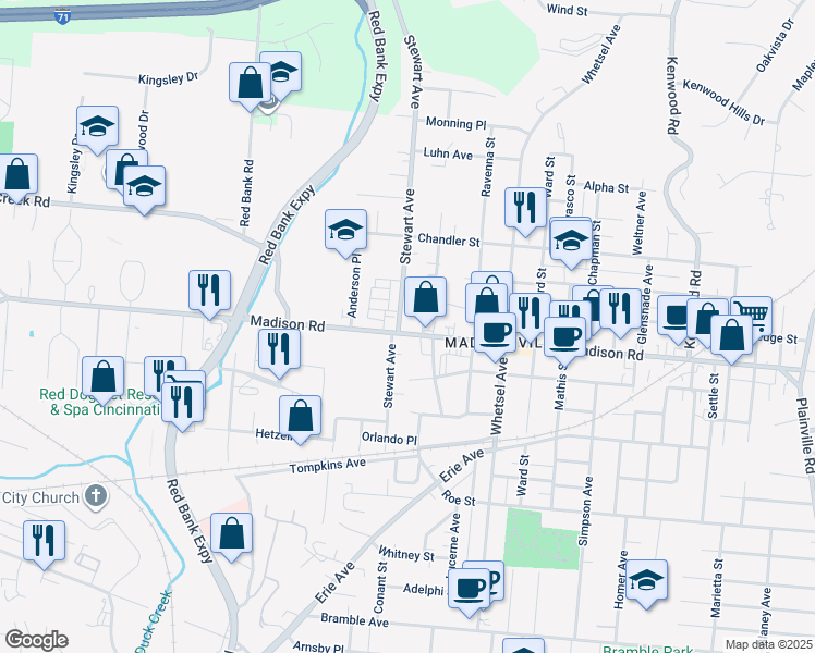 map of restaurants, bars, coffee shops, grocery stores, and more near in Cincinnati