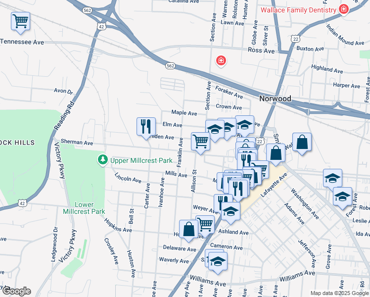 map of restaurants, bars, coffee shops, grocery stores, and more near 1911 Sherman Avenue in Cincinnati