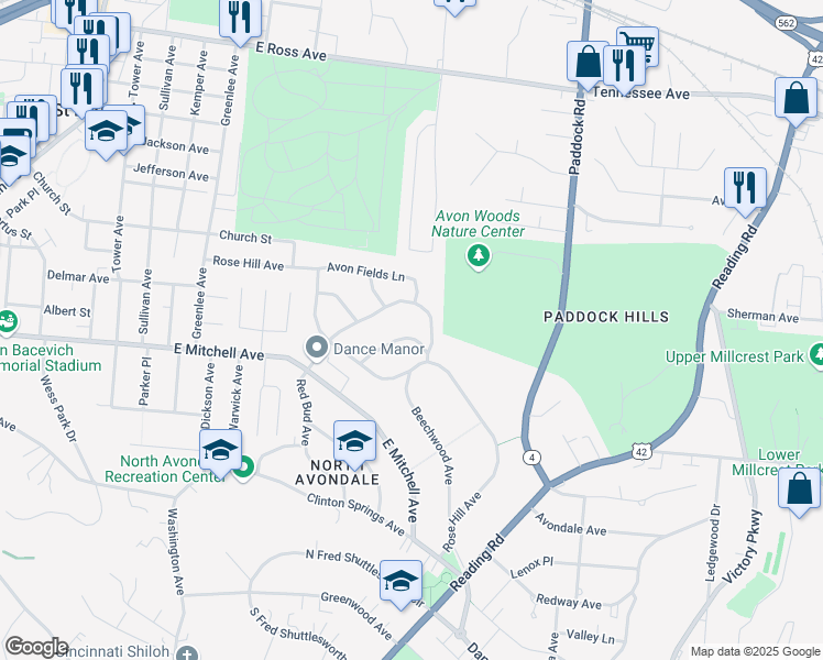 map of restaurants, bars, coffee shops, grocery stores, and more near 4098 Rose Hill Avenue in Cincinnati