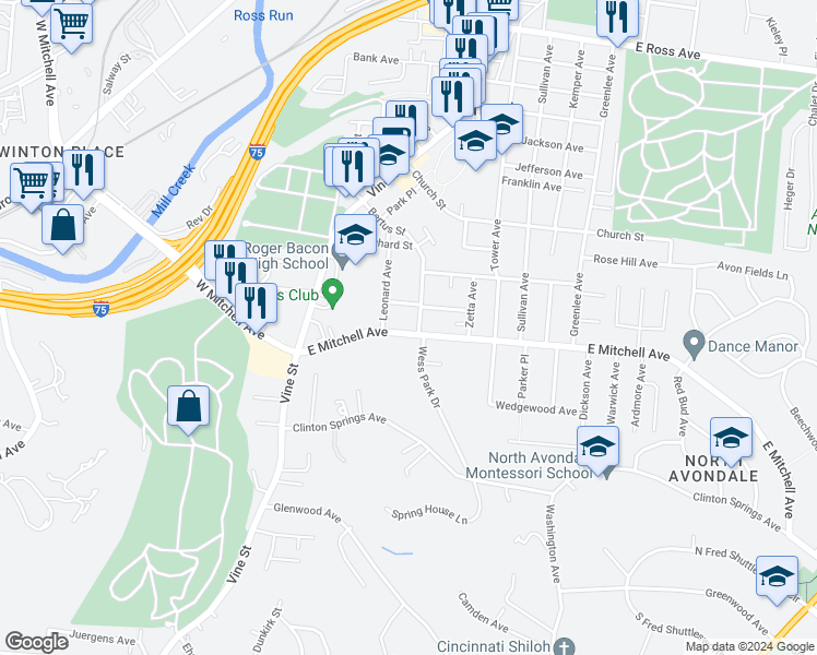 map of restaurants, bars, coffee shops, grocery stores, and more near 123 East Mitchell Avenue in Saint Bernard