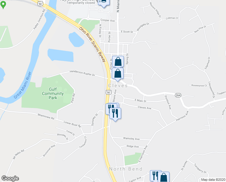 map of restaurants, bars, coffee shops, grocery stores, and more near 115 South Miami Avenue in Cleves