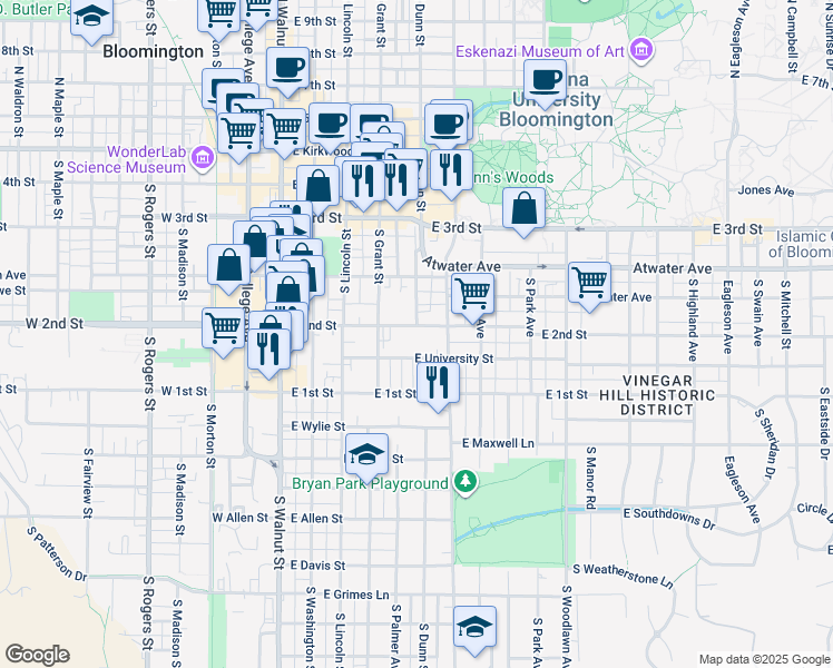 map of restaurants, bars, coffee shops, grocery stores, and more near 411 East University Street in Bloomington