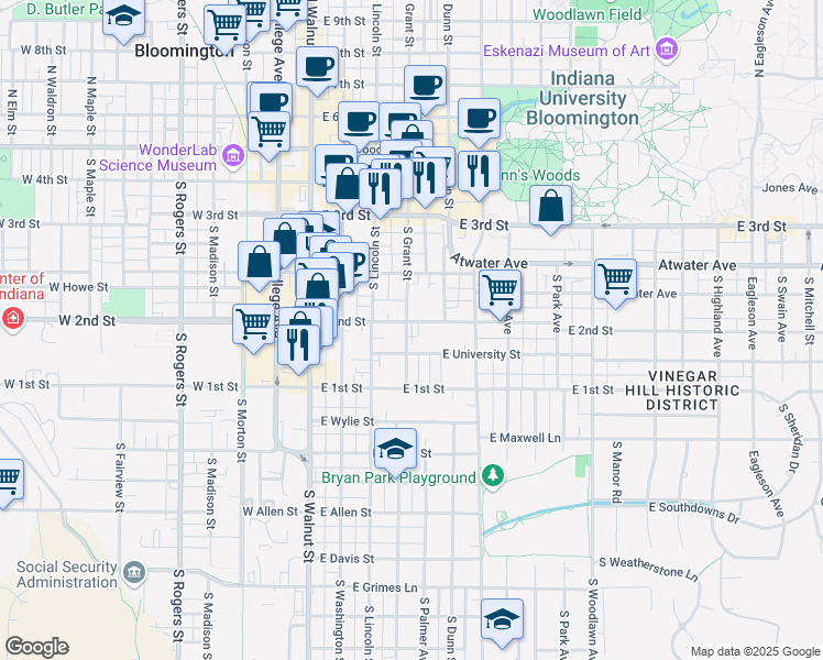map of restaurants, bars, coffee shops, grocery stores, and more near 411 East University Street in Bloomington