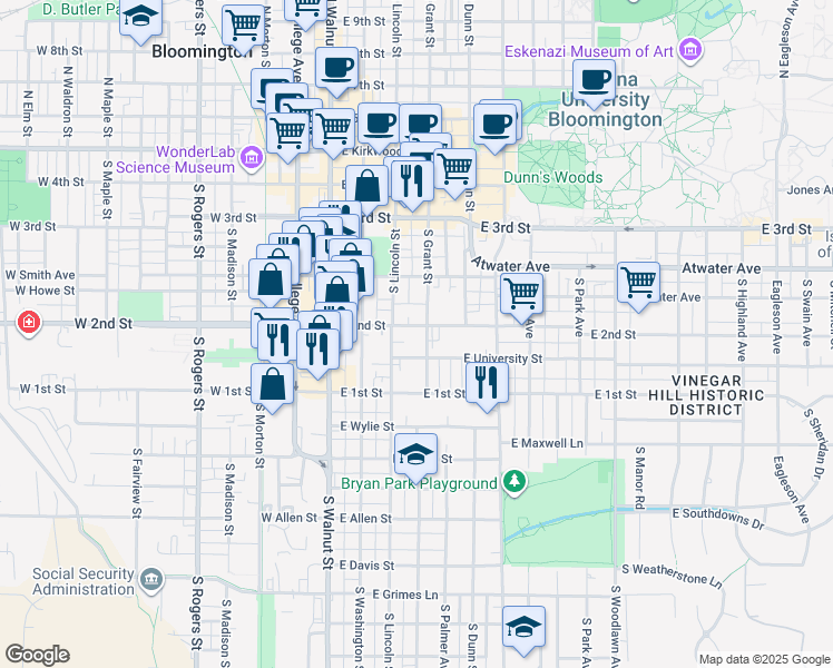 map of restaurants, bars, coffee shops, grocery stores, and more near 317 East University Street in Bloomington