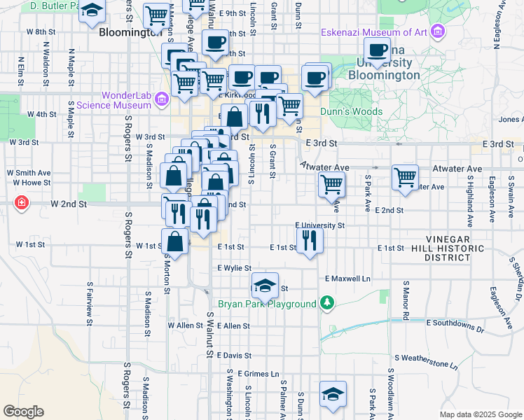 map of restaurants, bars, coffee shops, grocery stores, and more near 317 East University Street in Bloomington