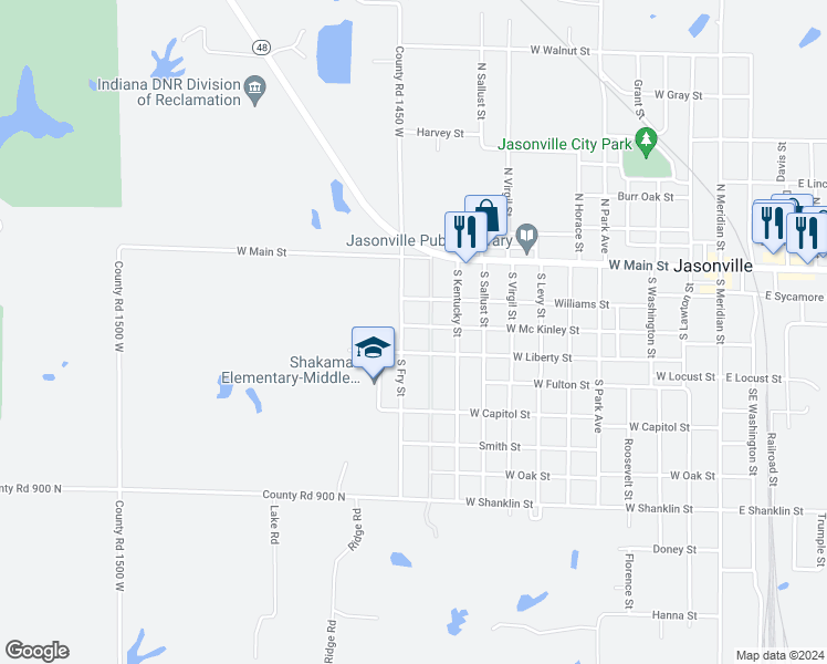 map of restaurants, bars, coffee shops, grocery stores, and more near 222 South Fry Street in Jasonville