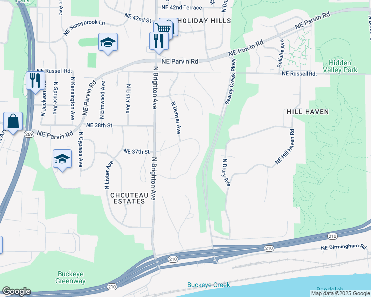 map of restaurants, bars, coffee shops, grocery stores, and more near 5063 Northeast 37th Street in Kansas City