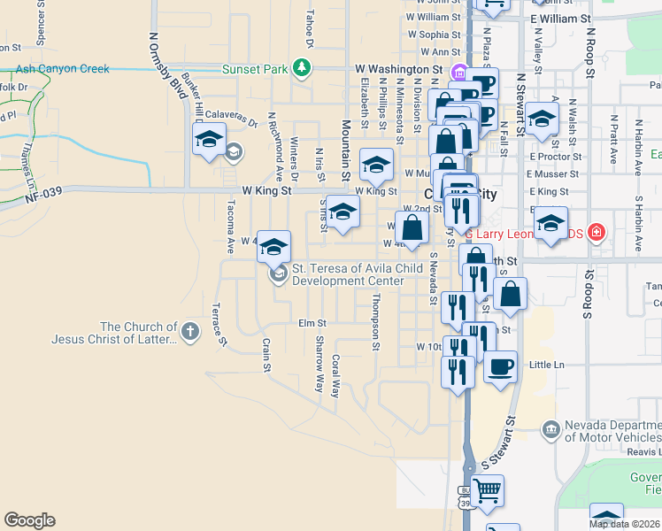 map of restaurants, bars, coffee shops, grocery stores, and more near 715 Hillcrest Road in Carson City