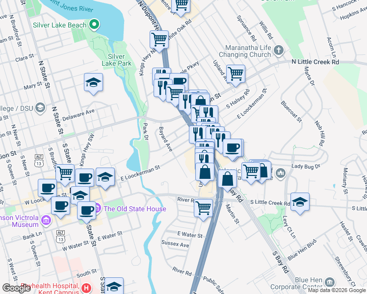 map of restaurants, bars, coffee shops, grocery stores, and more near 512 East Loockerman Street in Dover