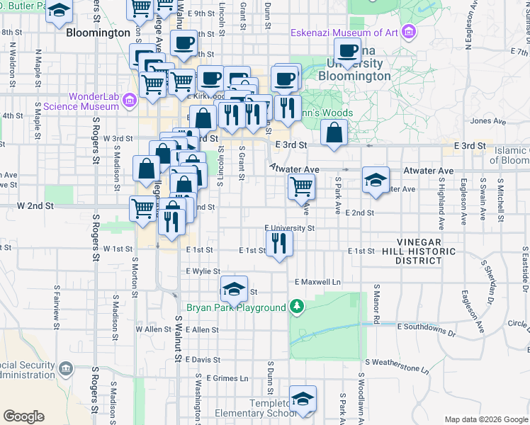 map of restaurants, bars, coffee shops, grocery stores, and more near 411 East University Street in Bloomington