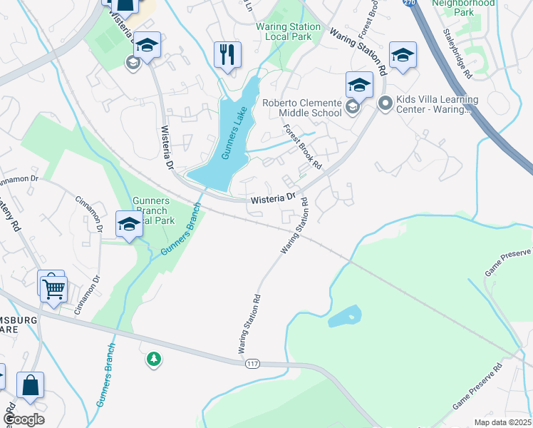 map of restaurants, bars, coffee shops, grocery stores, and more near 12301 Silvergate Way in Germantown