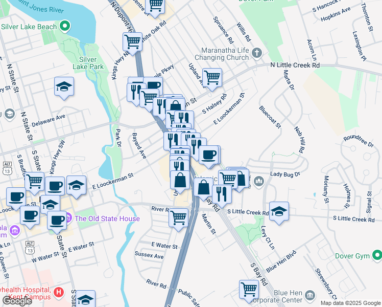 map of restaurants, bars, coffee shops, grocery stores, and more near 236 South Dupont Highway in Dover