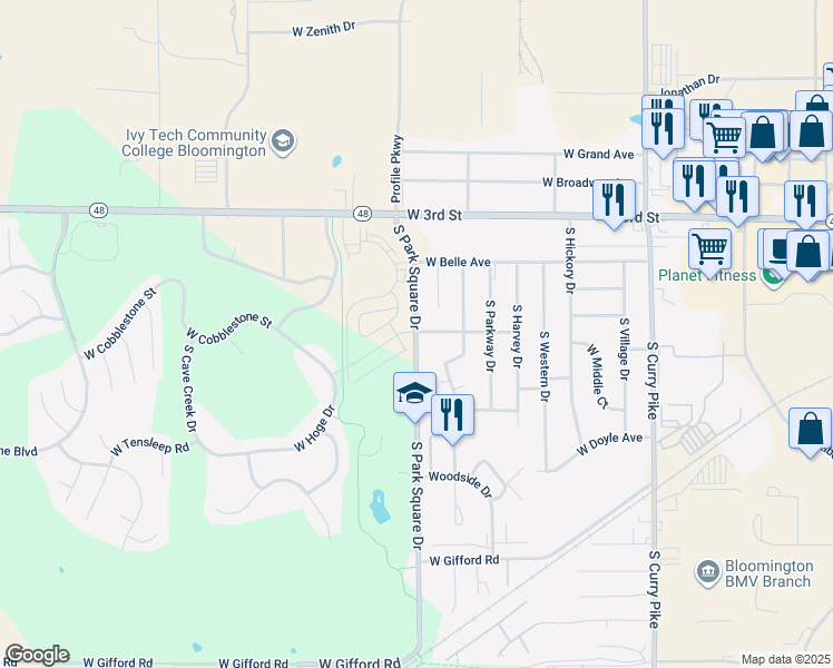 map of restaurants, bars, coffee shops, grocery stores, and more near 898 South Park Square Drive in Bloomington