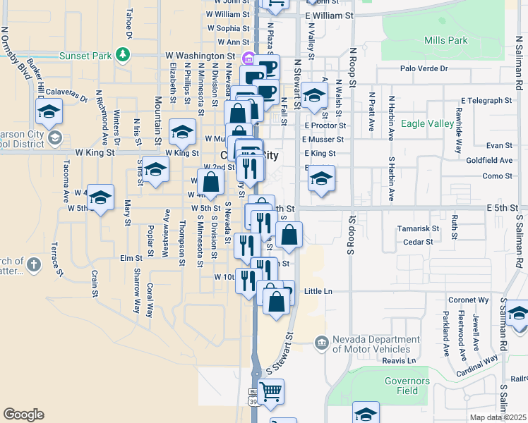 map of restaurants, bars, coffee shops, grocery stores, and more near 111 East 6th Street in Carson City