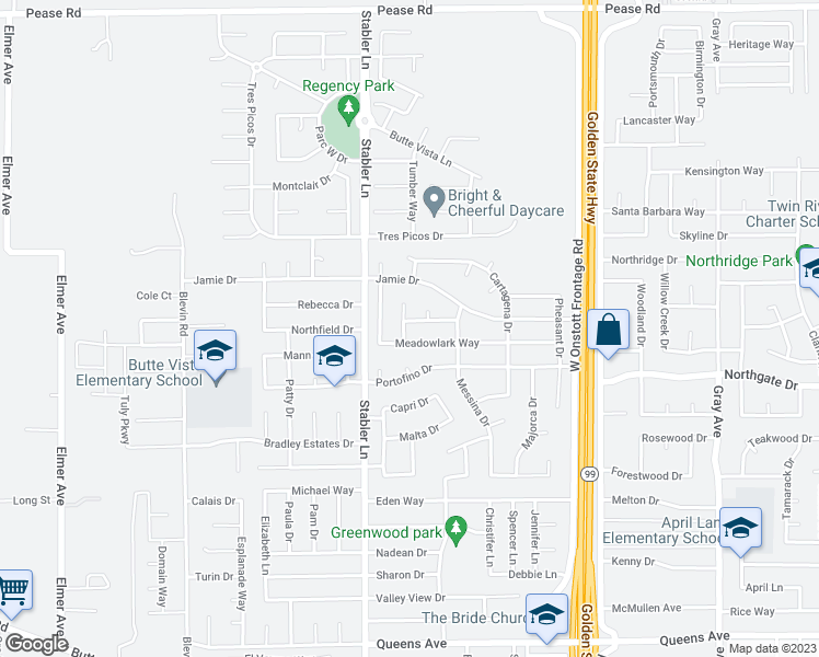 map of restaurants, bars, coffee shops, grocery stores, and more near 1598 Grouse Way in Yuba City