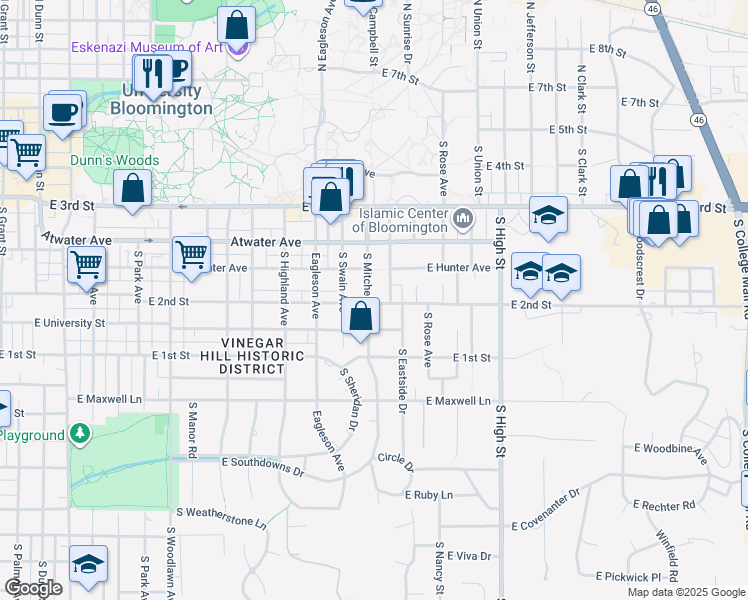 map of restaurants, bars, coffee shops, grocery stores, and more near 521 South Mitchell Street in Bloomington