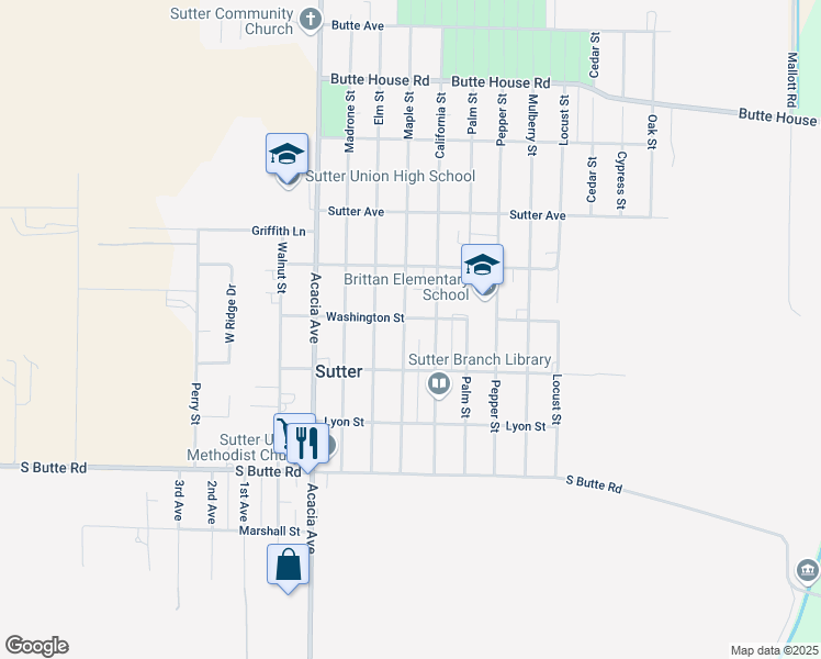 map of restaurants, bars, coffee shops, grocery stores, and more near 2283 Maple Street in Sutter