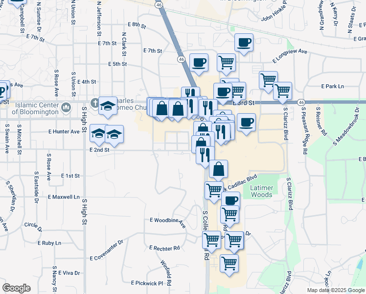 map of restaurants, bars, coffee shops, grocery stores, and more near 2623 East 2nd Street in Bloomington