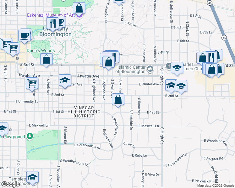 map of restaurants, bars, coffee shops, grocery stores, and more near 615 South Mitchell Street in Bloomington