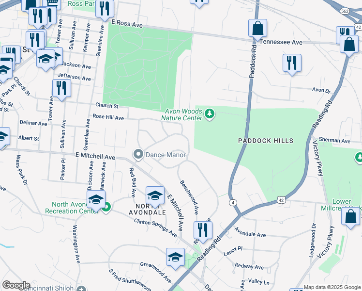 map of restaurants, bars, coffee shops, grocery stores, and more near 748 Betula Avenue in Cincinnati