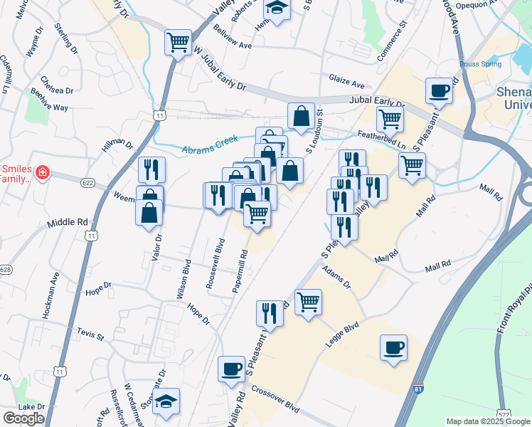 map of restaurants, bars, coffee shops, grocery stores, and more near 2180 South Loudoun Street in Winchester