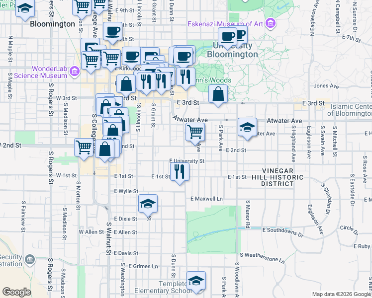 map of restaurants, bars, coffee shops, grocery stores, and more near 609 East University Street in Bloomington