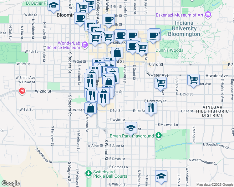 map of restaurants, bars, coffee shops, grocery stores, and more near 527 South Washington Street in Bloomington