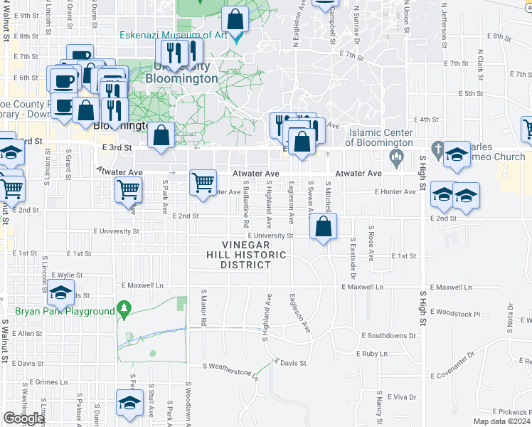 map of restaurants, bars, coffee shops, grocery stores, and more near 528 South Highland Avenue in Bloomington