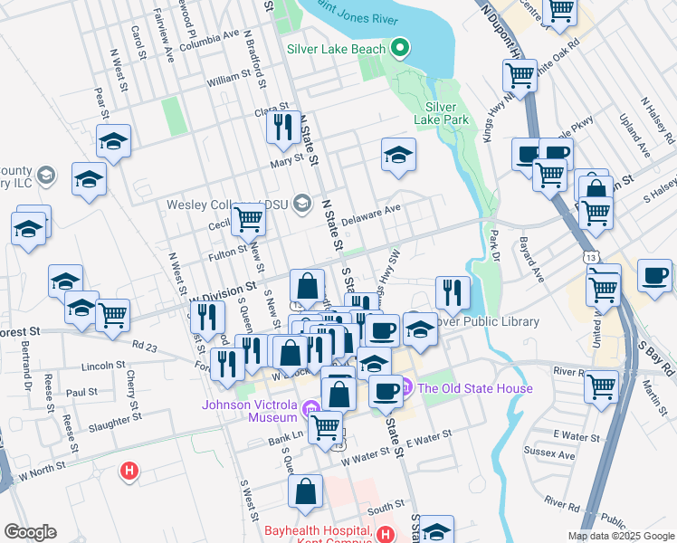 map of restaurants, bars, coffee shops, grocery stores, and more near 39 South Bradford Street in Dover