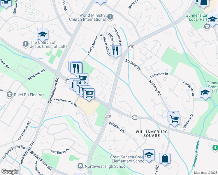 map of restaurants, bars, coffee shops, grocery stores, and more near 18708 Lake Mary Celeste Lane in Germantown