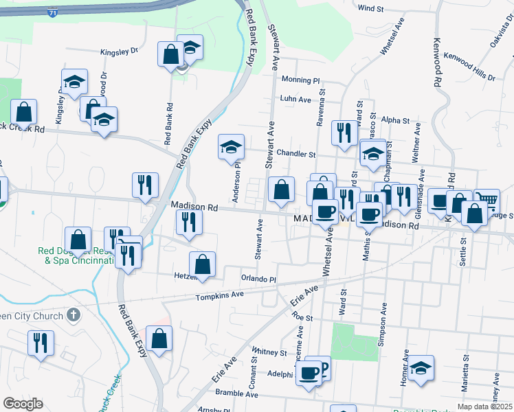 map of restaurants, bars, coffee shops, grocery stores, and more near in Cincinnati