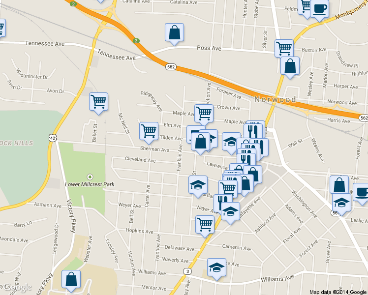 map of restaurants, bars, coffee shops, grocery stores, and more near 1911 Sherman Avenue in Cincinnati