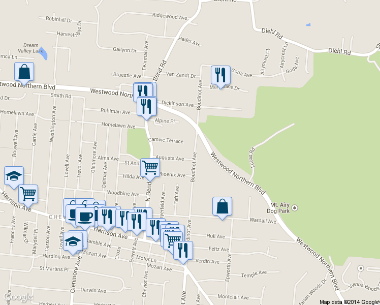 map of restaurants, bars, coffee shops, grocery stores, and more near 3309 Augusta Avenue in Cincinnati