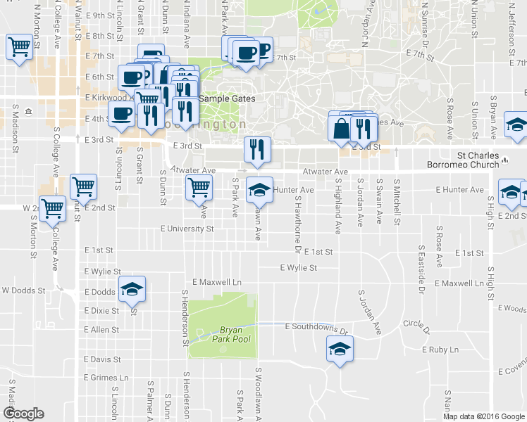 map of restaurants, bars, coffee shops, grocery stores, and more near 624 South Woodlawn Avenue in Bloomington