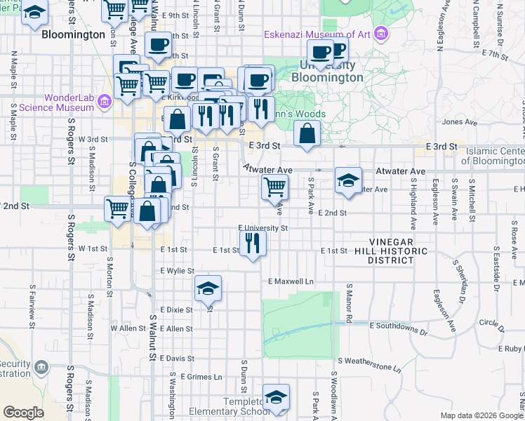 map of restaurants, bars, coffee shops, grocery stores, and more near 609 East University Street in Bloomington