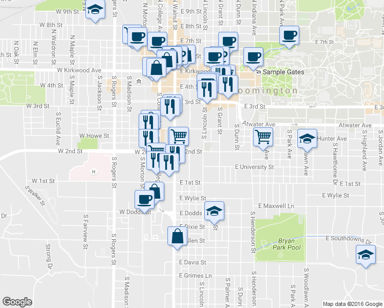 map of restaurants, bars, coffee shops, grocery stores, and more near 527 South Washington Street in Bloomington