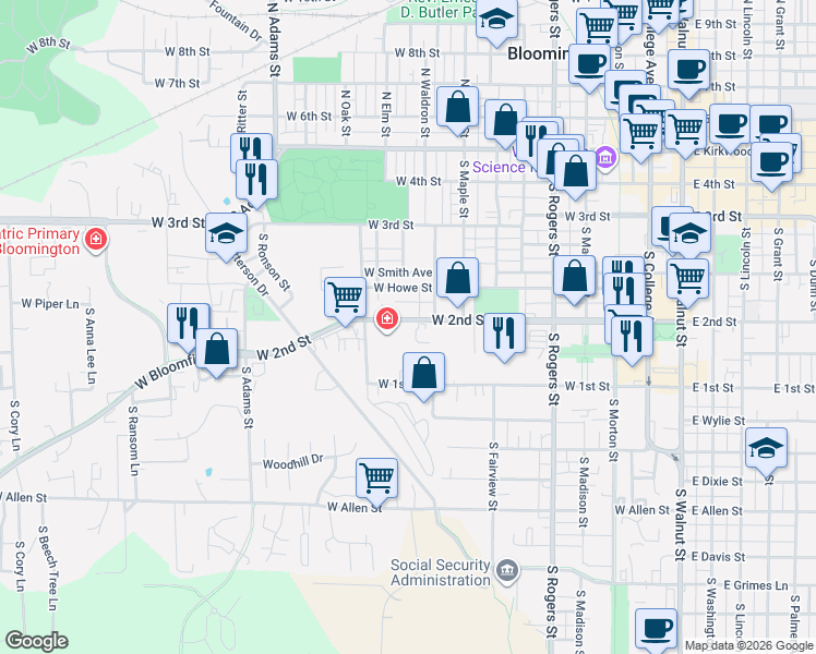 map of restaurants, bars, coffee shops, grocery stores, and more near 915 West 2nd Street in Bloomington