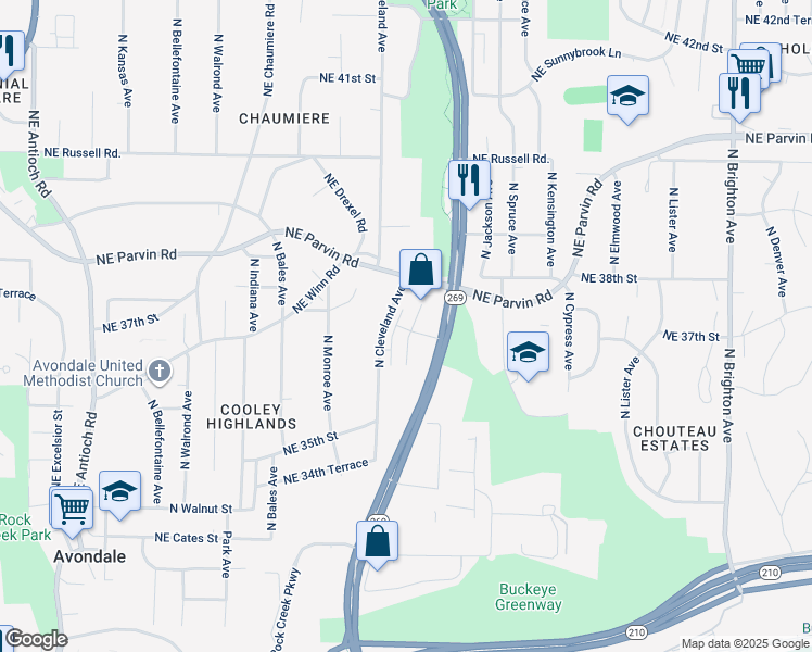 map of restaurants, bars, coffee shops, grocery stores, and more near 3612 Northeast Chouteau Parkway in Kansas City