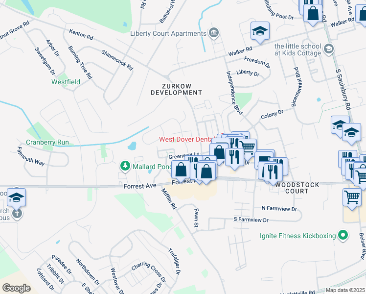 map of restaurants, bars, coffee shops, grocery stores, and more near 102 North Caroline Place in Dover