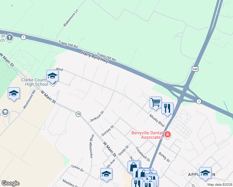 map of restaurants, bars, coffee shops, grocery stores, and more near 301 Josephine Street in Berryville