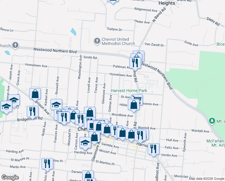 map of restaurants, bars, coffee shops, grocery stores, and more near 3945 Davis Avenue in Cincinnati