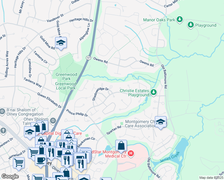 map of restaurants, bars, coffee shops, grocery stores, and more near 18601 Shadowridge Terrace in Olney