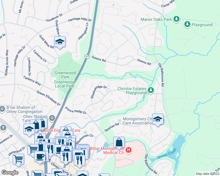 map of restaurants, bars, coffee shops, grocery stores, and more near 18601 Shadowridge Terrace in Olney