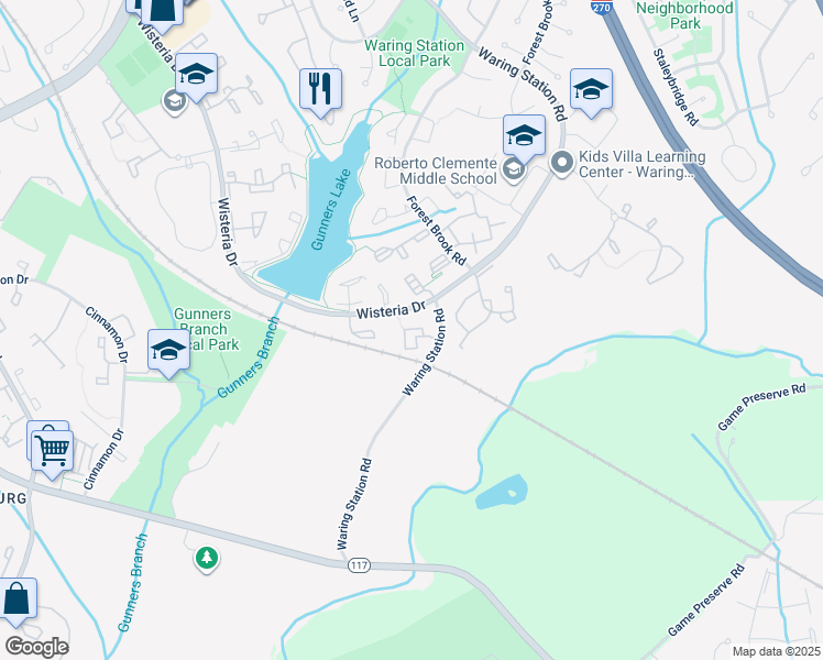 map of restaurants, bars, coffee shops, grocery stores, and more near 12217 Peach Crest Drive in Germantown