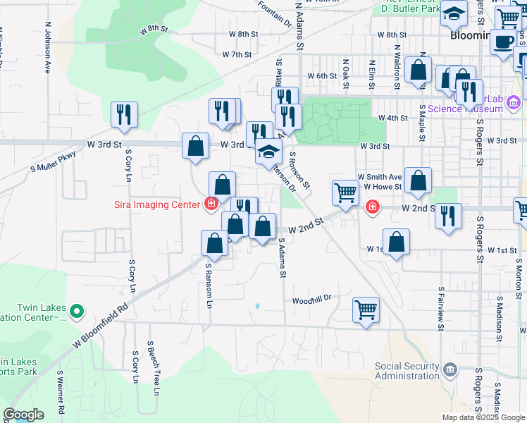 map of restaurants, bars, coffee shops, grocery stores, and more near 550 South Adams Street in Bloomington