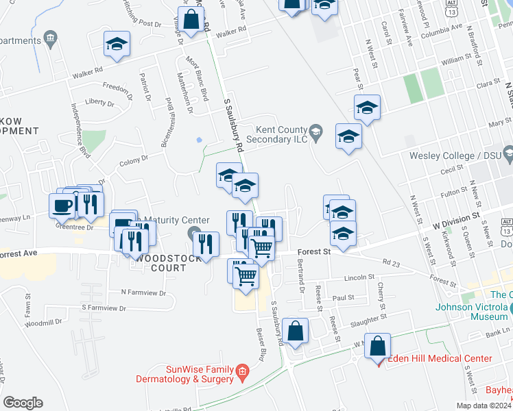 map of restaurants, bars, coffee shops, grocery stores, and more near 93C Saulsbury Road in Dover